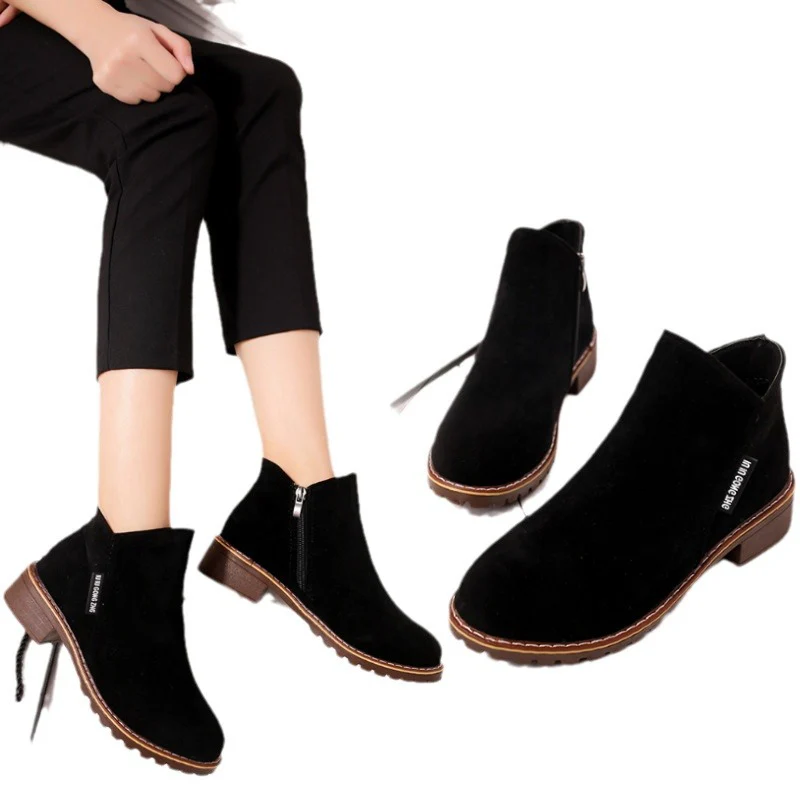 Women's Suede Chelsea Ankle Boots - Side Zip Low Heel Martin Boots