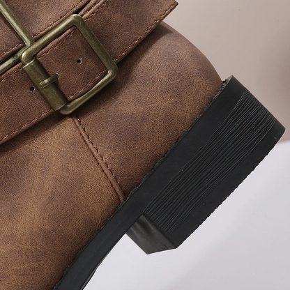 Women's Matte PU Buckle-Detailed Slouch Boots - Crushed Texture Stacked Mid-Calf Flat Boots